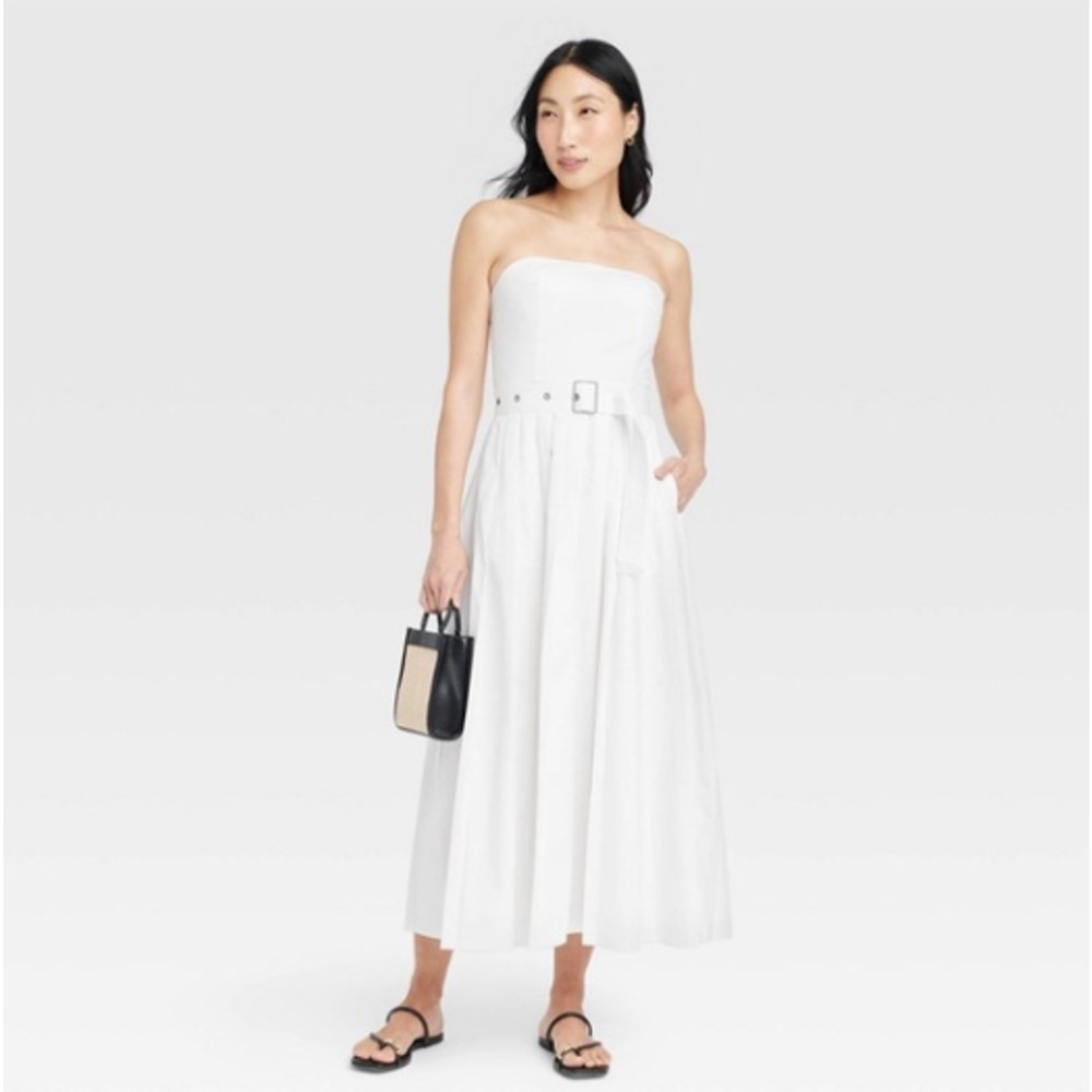Bandeau Maxi A-Line Dress Belted White Sz 0 NWT A New Day
